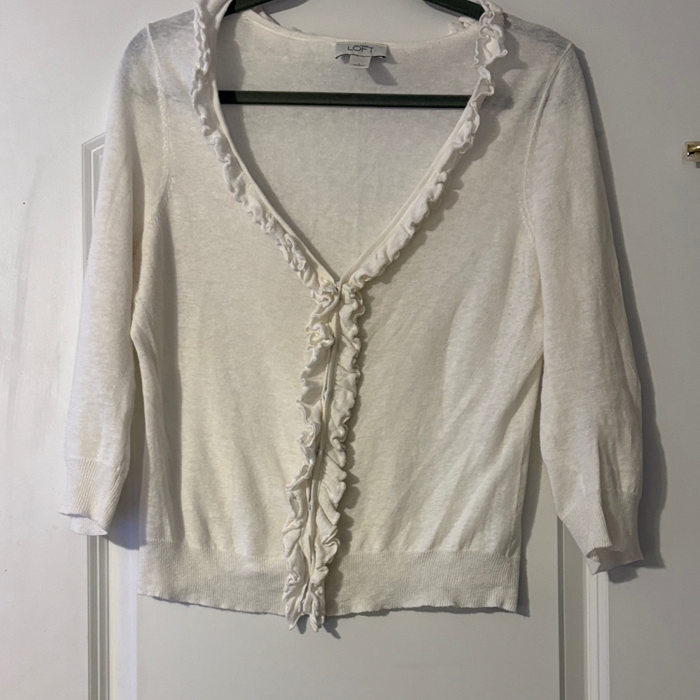 LOFT White Ruffle-Trim Cardigan